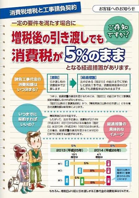 消費税増税法に伴う工事請負契約の経過措置チラシをご活用ください。